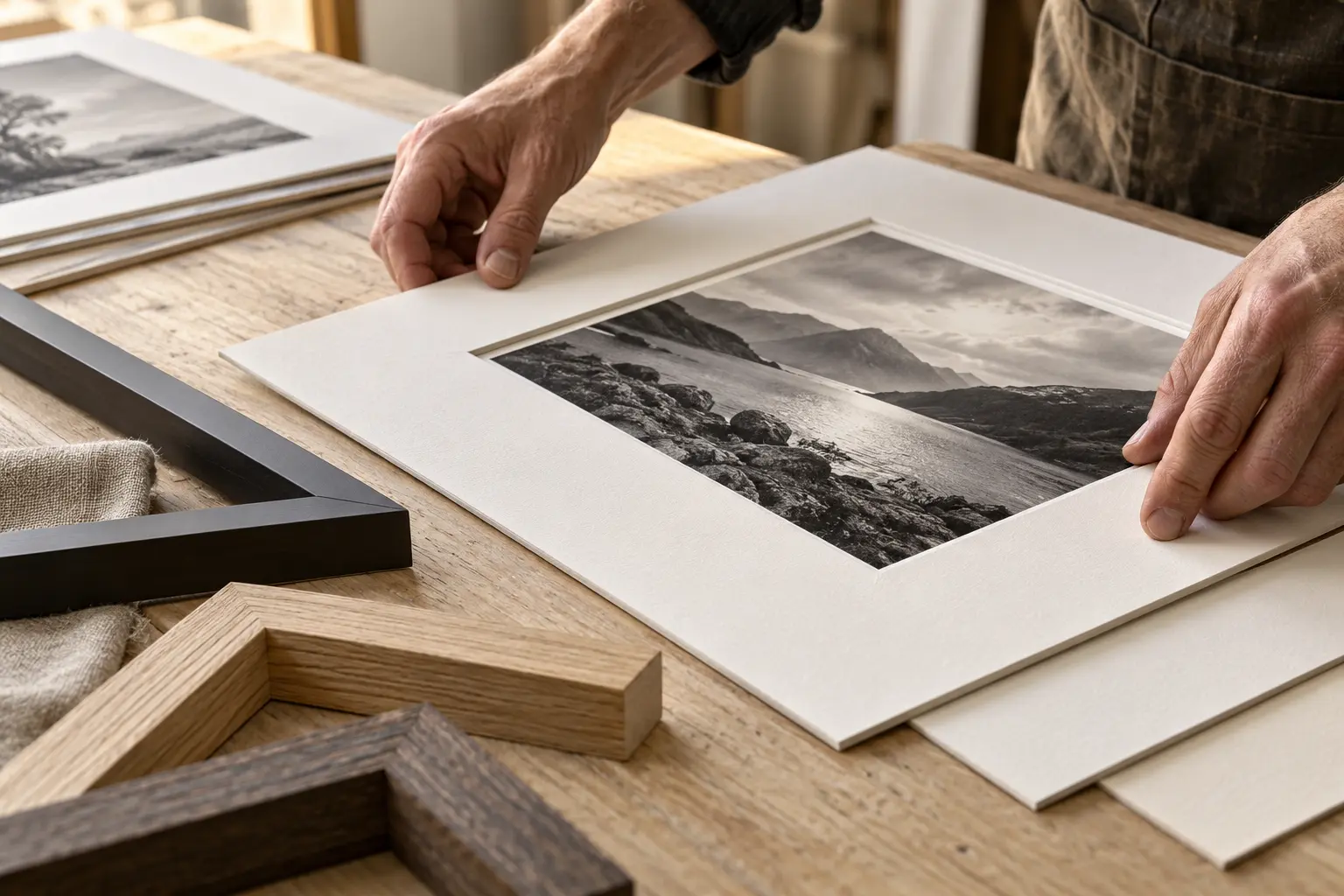 Un tirage photographique et son passe-partout préparés sur une table