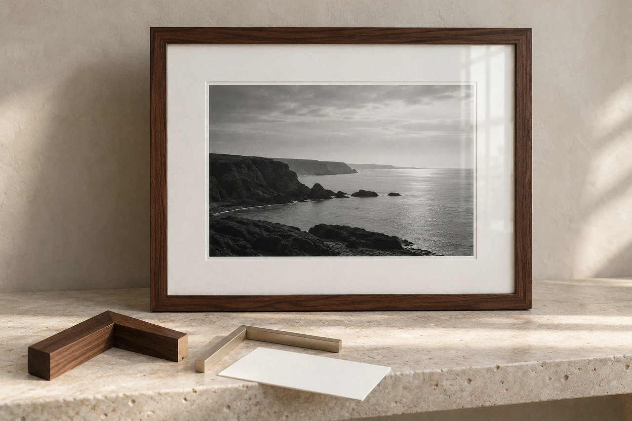 Illustration of a mounted print in a dark wooden frame