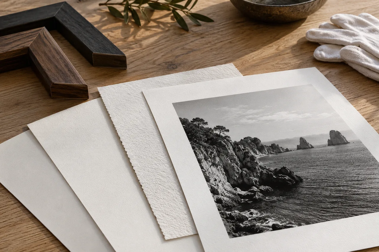 Illustration de papiers mats et texturés, d’un tirage noir et blanc et d’échantillons de cadre