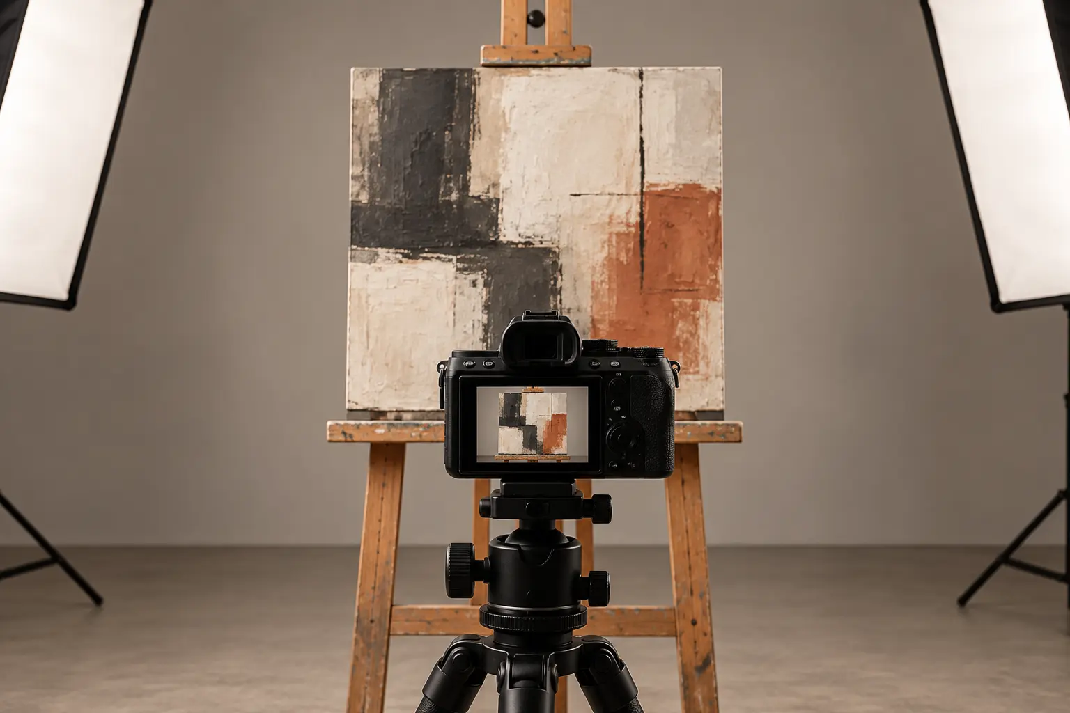 Illustration d’une prise de vue d’œuvre d’art, avec appareil et éclairage