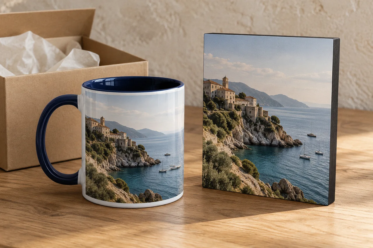 Illustration d’un mug et d’une plaque photo MDF personnalisés avec un paysage côtier