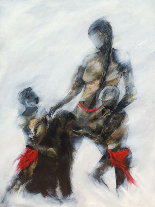 Karibu Mbwa de Michèle Debrez : des figures esquissées en gris sur fond clair, avec des accents rouges