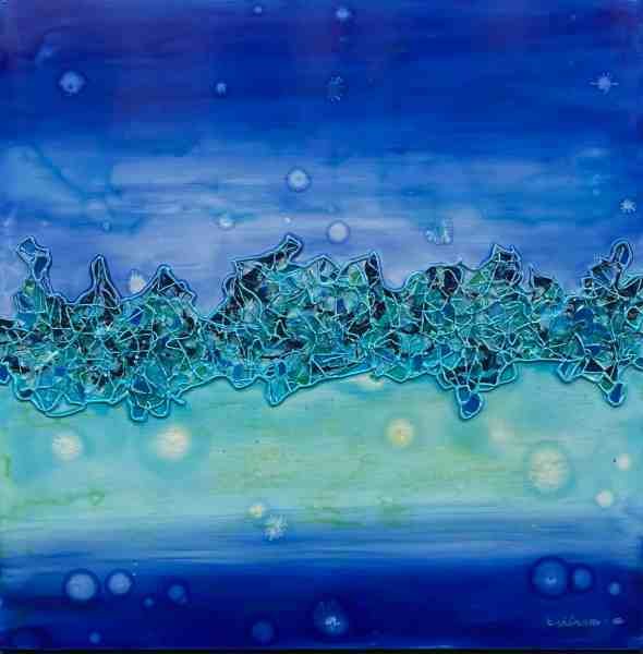 Terre Inconnue numéro 974 d’Enitram, peinture abstraite bleue et turquoise à la surface travaillée